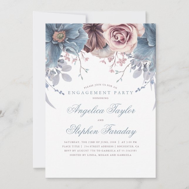 Dusty Blue und Mauve Floral Engagement Party Einladung (Vorderseite)