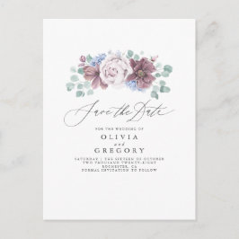 Dusty Blue und Mauve Floral Save the Date Card Ankündigungspostkarte