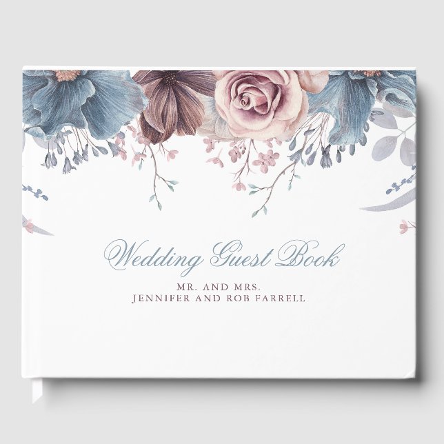 Dusty Blue und Mauve Floral Wedding Gästebuch (Vorderseite)