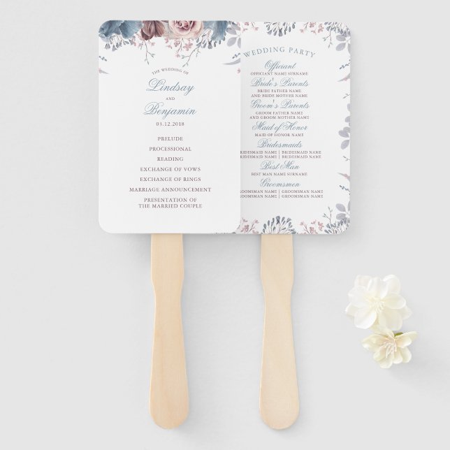 Dusty Blue und Mauve Floral Wedding Program Fächer (Vorne und Hinten)