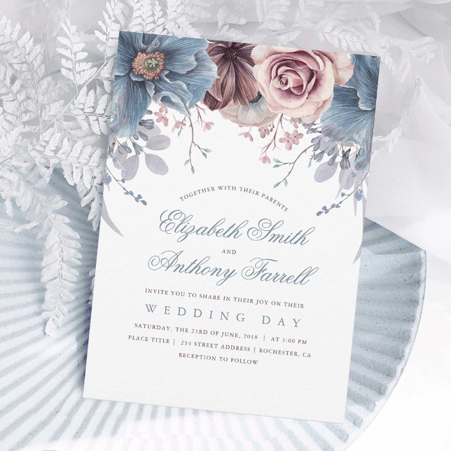 Dusty Blue und Mauve Watercolor Floral Wedding Einladung (Dusty Blue and Mauve Romantic Floral Wedding Invitations)