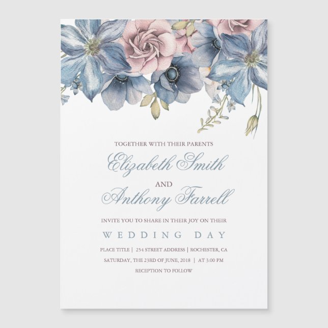 Dusty Blue und Mauve Watercolor Floral Wedding Magneteinladung (Vorderseite)