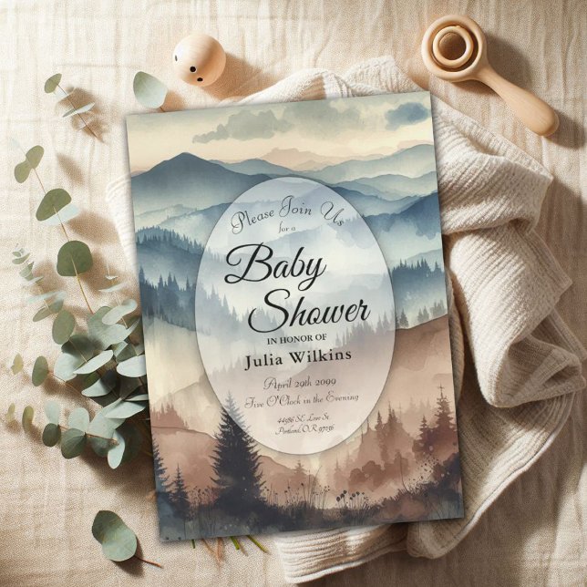 Dusty Blue und Mocha Brown Mountains Babydusche Einladung (Von Creator hochgeladen)