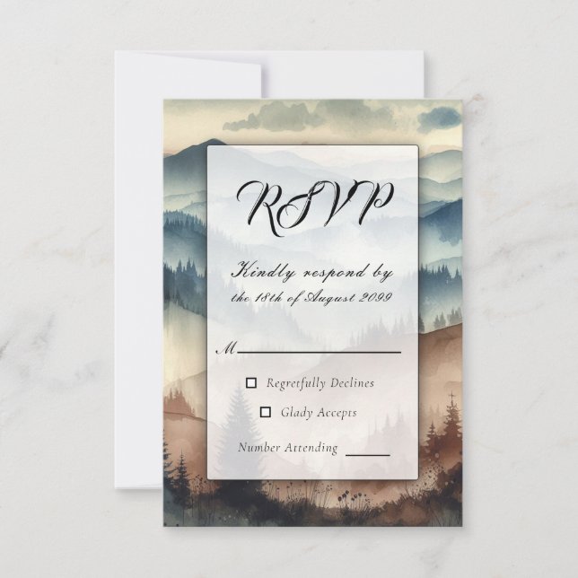 Dusty Blue und Mocha Brown Mountains RSVP Karte (Vorderseite)