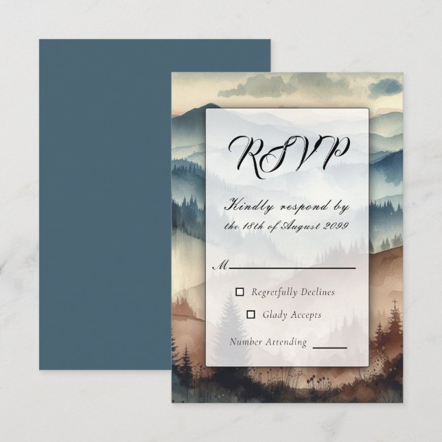 Dusty Blue und Mocha Brown Mountains RSVP Karte (Vorne/Hinten)