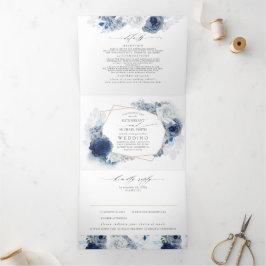 Dusty Blue und Navy Floral Botanical Wedding Dreifach Gefaltete Einladung