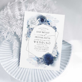 Dusty Blue und Navy Floral Elegant Silver Wedding Einladung