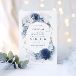 Dusty Blue und Navy Floral Elegante Hochzeit Einladung