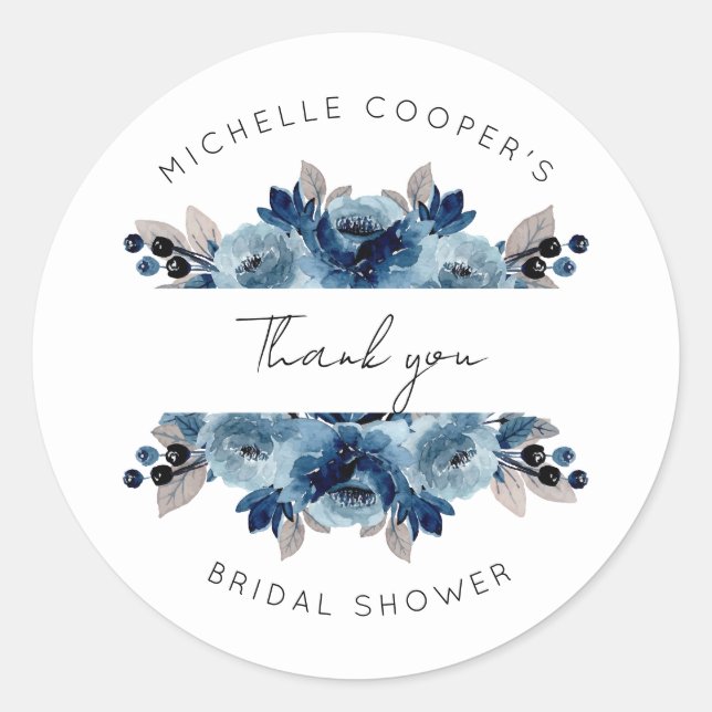 Dusty Blue und Navy Floral Vielen Dank Runder Aufkleber (Vorderseite)