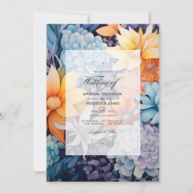 Dusty Blue und Orange Floral Wedding Einladung (Vorderseite)