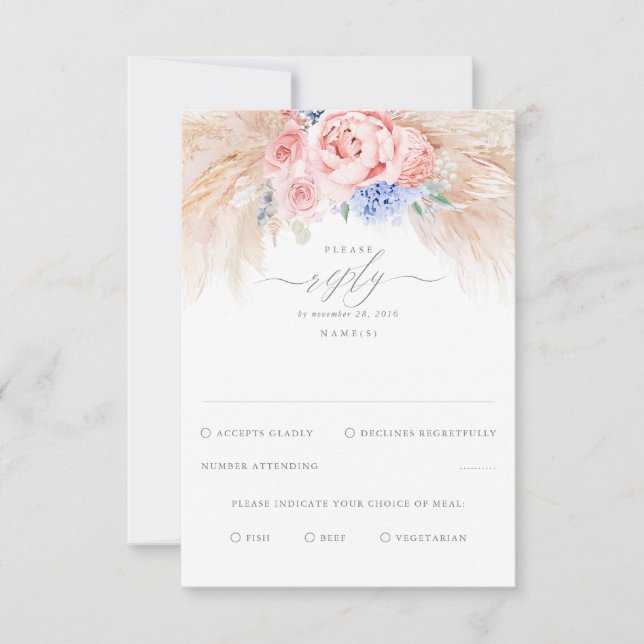 Dusty Blue und Pink Blume Exotic Wedding RSVP (Vorderseite)