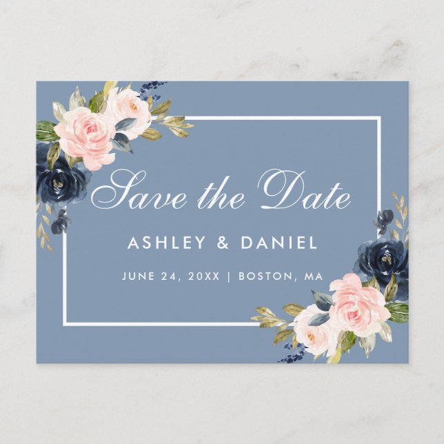 Dusty Blue und Pink Blush Bloral Save the Date Ankündigungspostkarte (Vorderseite)