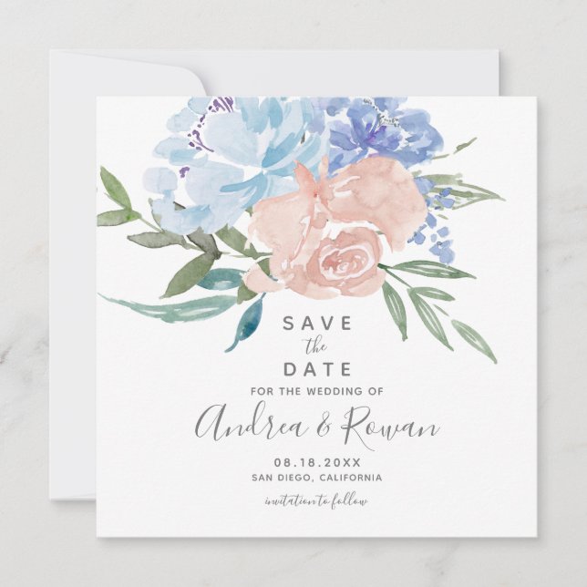 Dusty Blue und Pink Floral Save the Date Ankündigung (Vorderseite)