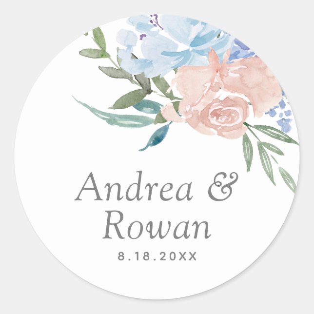 Dusty Blue und Pink Floral Wedding Runder Aufkleber (Vorderseite)