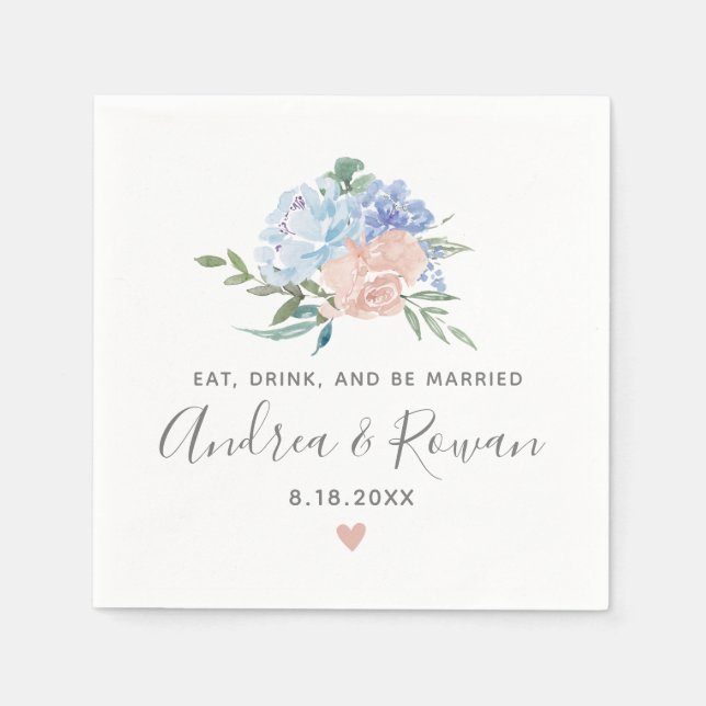 Dusty Blue und Pink Floral Wedding Serviette (Vorderseite)