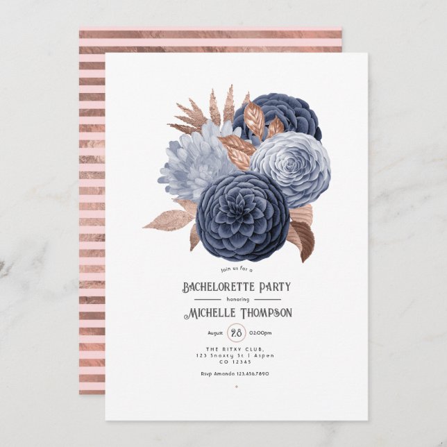 Dusty Blue und Rose Gold Floral Junggeselinnen-Abs Einladung (Vorne/Hinten)