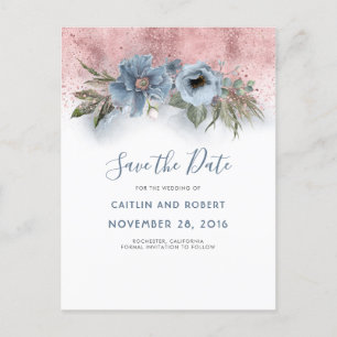 Dusty Blue und Rose Gold Floral Save the Date Ankündigungspostkarte