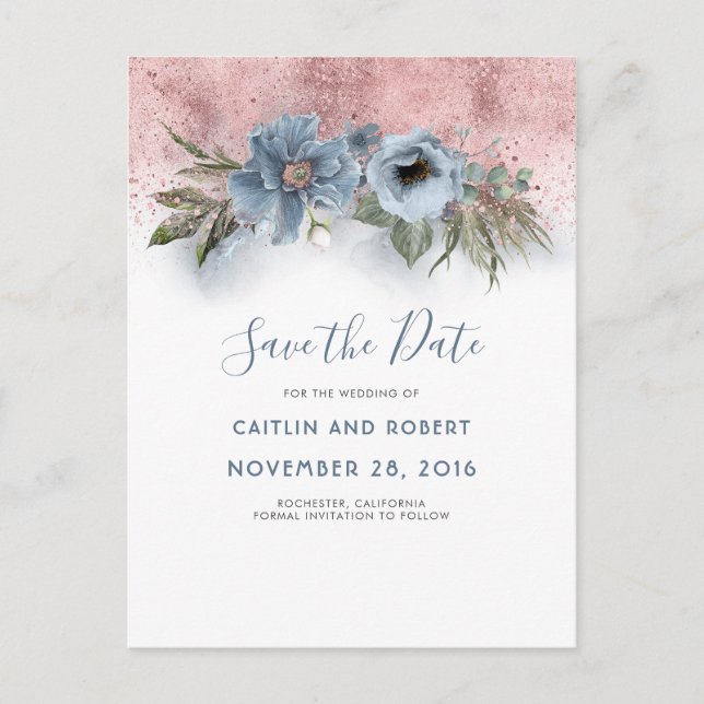Dusty Blue und Rose Gold Floral Save the Date Ankündigungspostkarte (Vorderseite)
