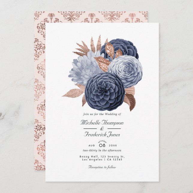 Dusty Blue und Rose Gold Floral Wedding Einladung (Vorne/Hinten)
