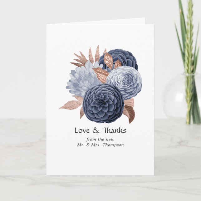 Dusty Blue und Rose Gold Floral Wedding Foto Dankeskarte (Vorderseite)