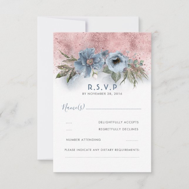 Dusty Blue und Rose Gold Glitzer Boho Wedding RSVP Karte (Vorderseite)