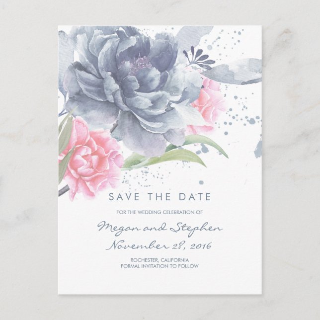 Dusty Blue und Rose Quartz Floral Save the Date Ankündigungspostkarte (Vorderseite)