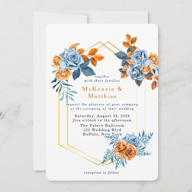 Dusty Blue und Rusty Peony Floral Gold Wedding Einladung (Vorderseite)