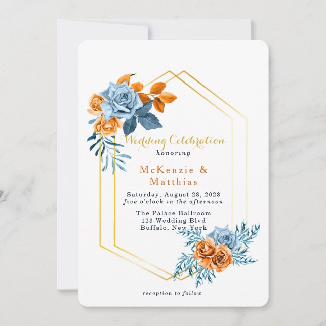 Dusty Blue und Rusty Peony Floral Gold Wedding Einladung (Vorderseite)