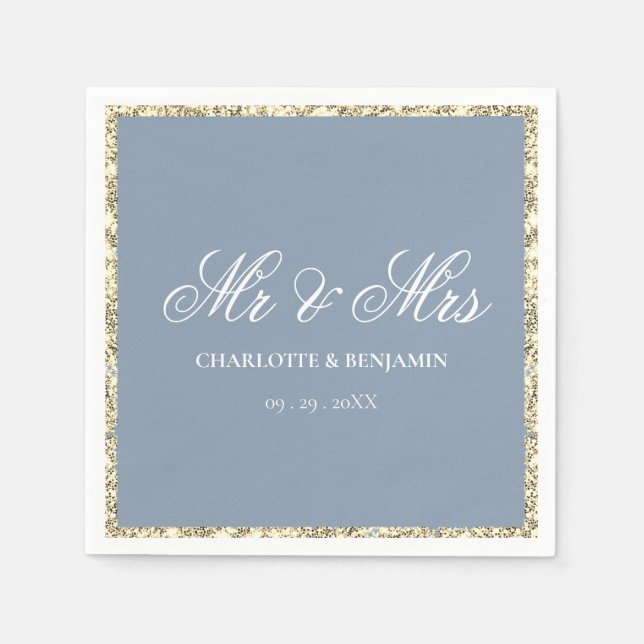 Dusty Blue und Silver Border Mr & Mrs Wedding Serviette (Vorderseite)