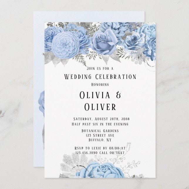Dusty Blue und Silver Floral Wedding Einladung (Vorne/Hinten)