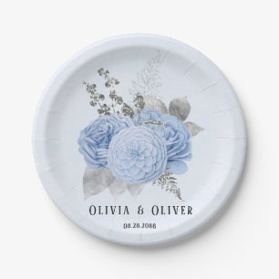 Dusty Blue und Silver Floral Wedding Pappteller