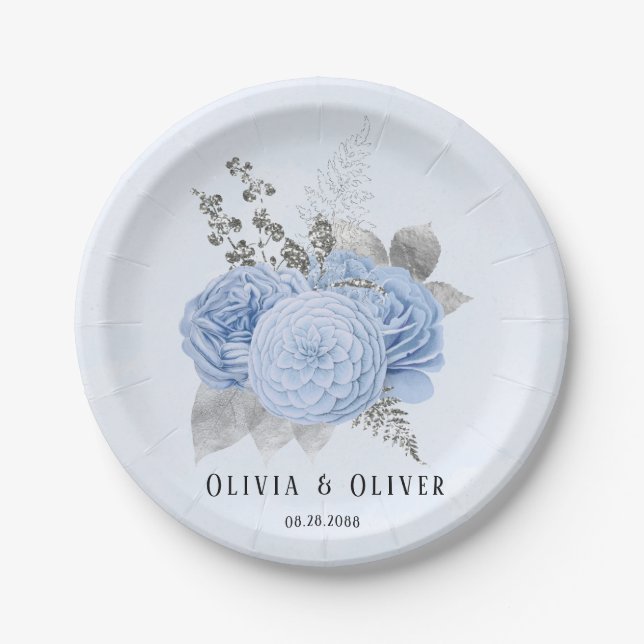 Dusty Blue und Silver Floral Wedding Pappteller (Vorderseite)