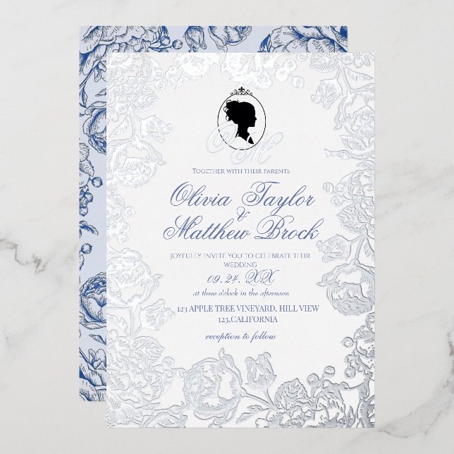 Dusty Blue und Silver Foil Elegante Hochzeit Folieneinladung (Vorderseite/Rückseite)