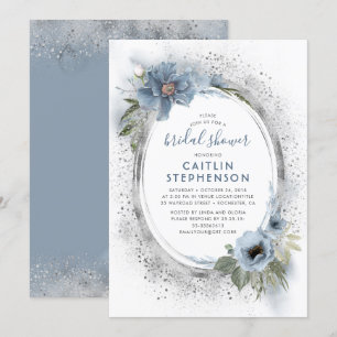 Dusty Blue und Silver Glitzer Floral Brautparty Einladung