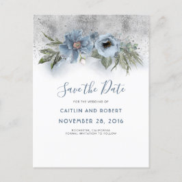 Dusty Blue und Silver Glitzer Floral Save the Date Ankündigungspostkarte