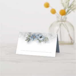Dusty Blue und Silver Glitzer Floral Wedding Platzkarte