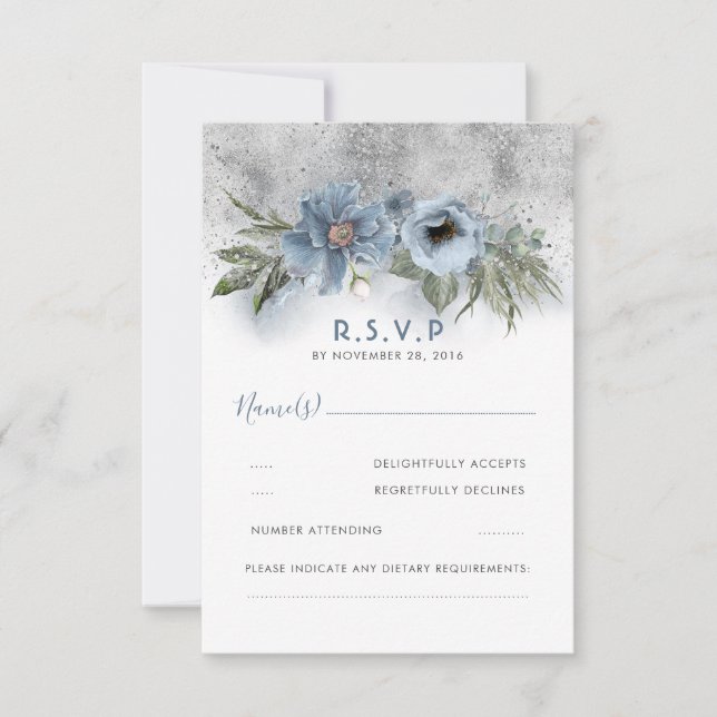 Dusty Blue und Silver Glitzer Modern Wedding RSVP (Vorderseite)
