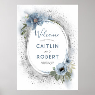 Dusty Blue und Silver Glitzer Wedding Sign Poster