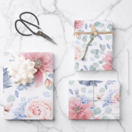 Dusty Blue und Soft Pink Blume Botanisches Muster Geschenkpapier Set