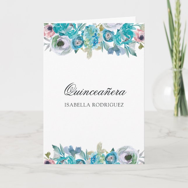 Dusty Blue und Türkis Floral Quinceñera Einladung (Vorderseite)
