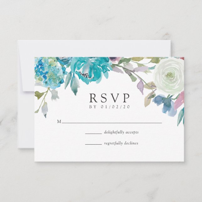 Dusty Blue und Türkis Floral Wedding RSVP (Vorderseite)