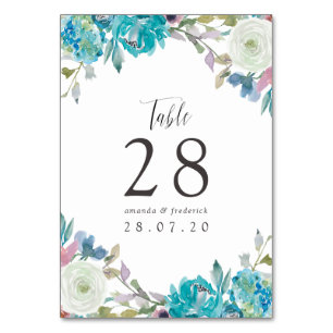 Dusty Blue und Türkis Floral Wedding Tischnummer