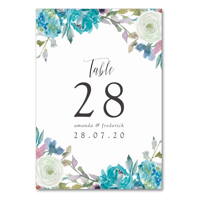 Dusty Blue und Türkis Floral Wedding Tischnummer (Vorderseite)