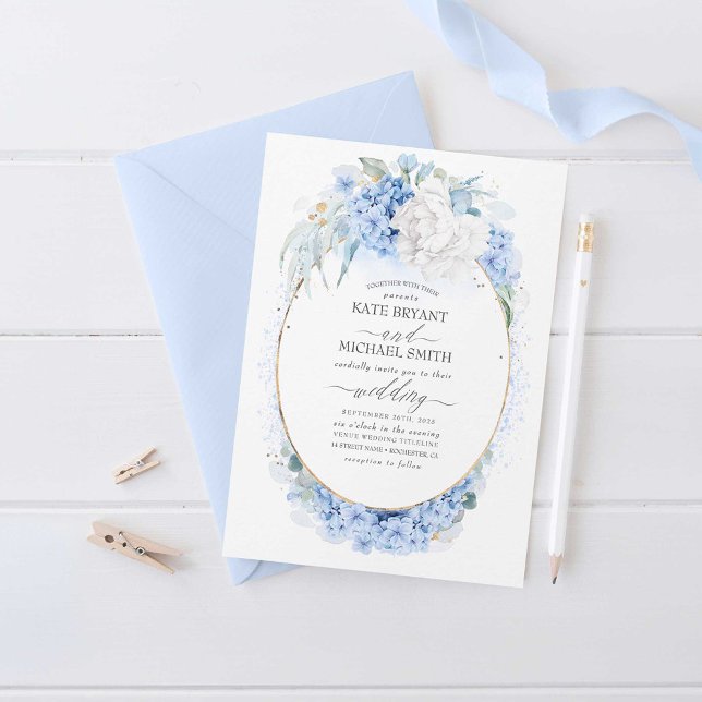 Dusty Blue und White Blume Elegante Hochzeit Einladung (Dusty Blue Wedding Invitation)