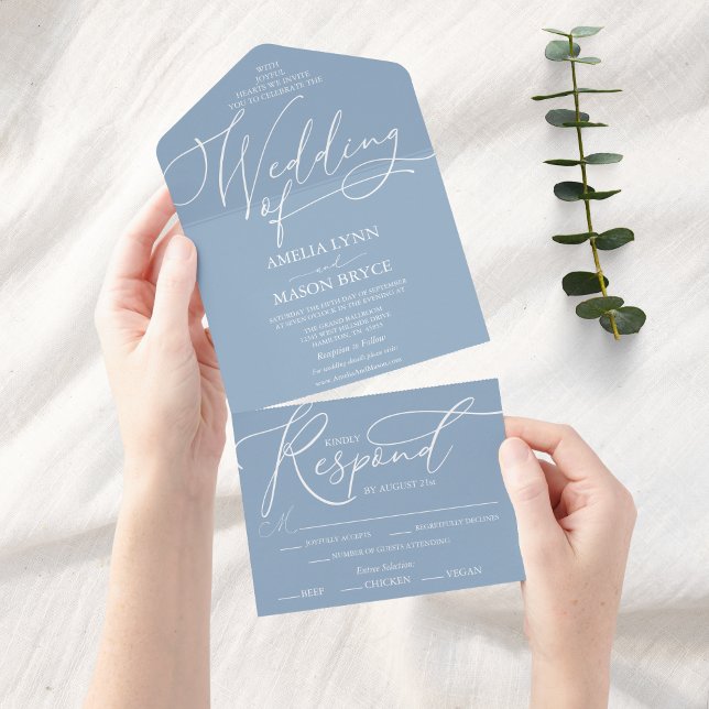 Dusty Blue und White Calligraphy Script Wedding All In One Einladung (Dusty Blue Elegant Script Wedding Invitation All in One)