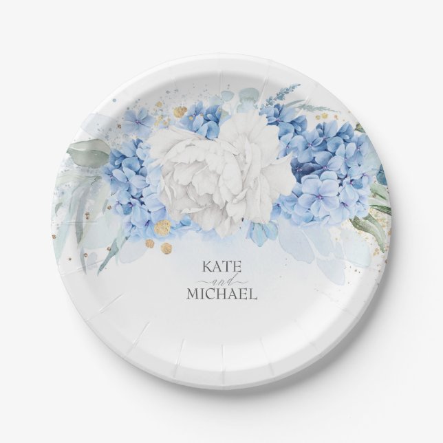 Dusty Blue und White Floral Elegant Pappteller (Vorderseite)