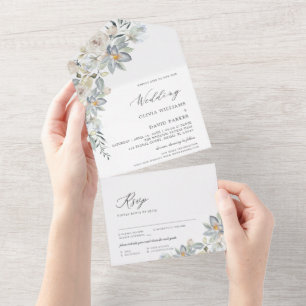 Dusty Blue und White Floral Hochzeit All In One Einladung