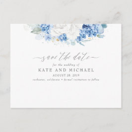 Dusty Blue und White Floral Save the Date Postkarte