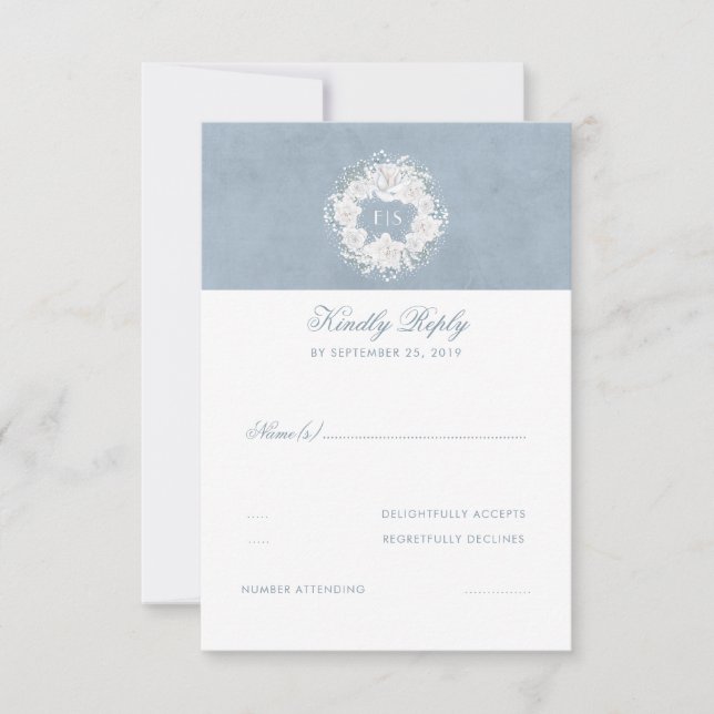 Dusty Blue und White Floral Wedding RSVP (Vorderseite)
