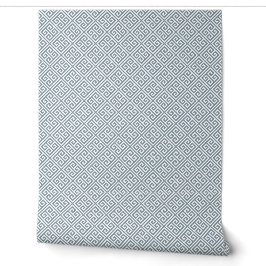 Dusty Blue und White Griechisch Schlüsselmuster Tapete
